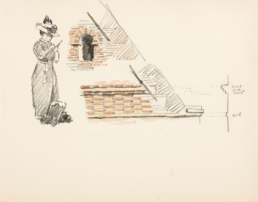 Studie bakstenen muur, schetsende vrouw (uit: Zeventien schetsboekbladen Enkhuizen)